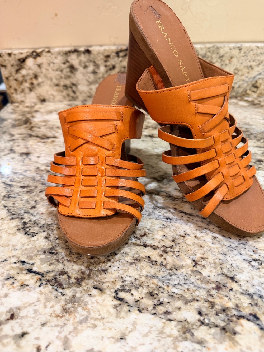 Franco Sarto Orange Learher Strappy High Heel Wedge Sandals